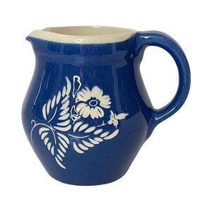 Pottery Signed Pitcher Jug Blue White High Gloss Glaze